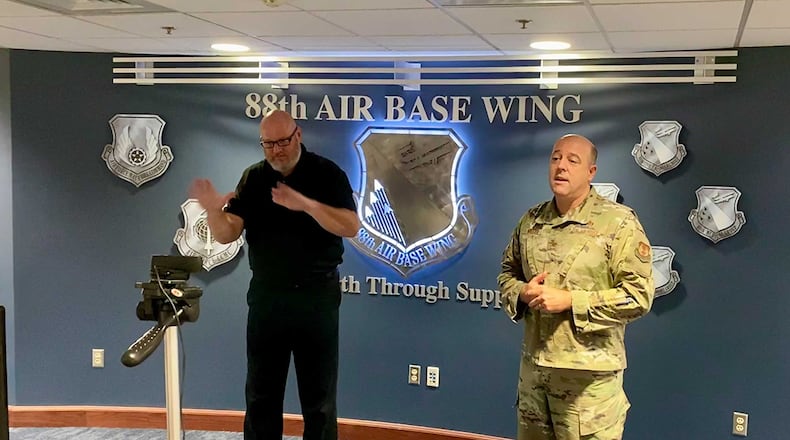 Col. Patrick Miller, 88th Air Base Wing and installation commander, updates the base and recognizes personnel achievements during a quarterly commander’s call April 29. The virtual event marked his fourth since taking command. U.S. AIR FORCE PHOTO/CHRISTOPHER WARNER