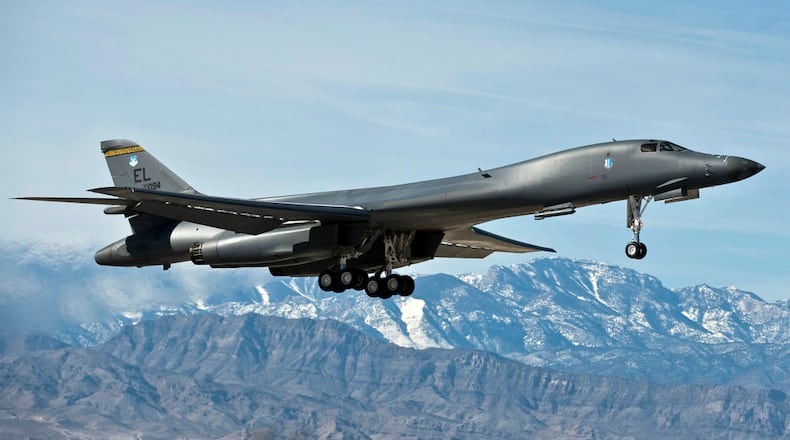A B-1B Lancer departs for a training mission over the Nevada Test and Training Range Jan. 24, 2011, during Red Flag 12-2 at Nellis Air Force Base, Nev. Red Flag is a realistic, combat-training exercise involving the air forces of the United States and its allies. (U.S. Air Force courtesy photo)