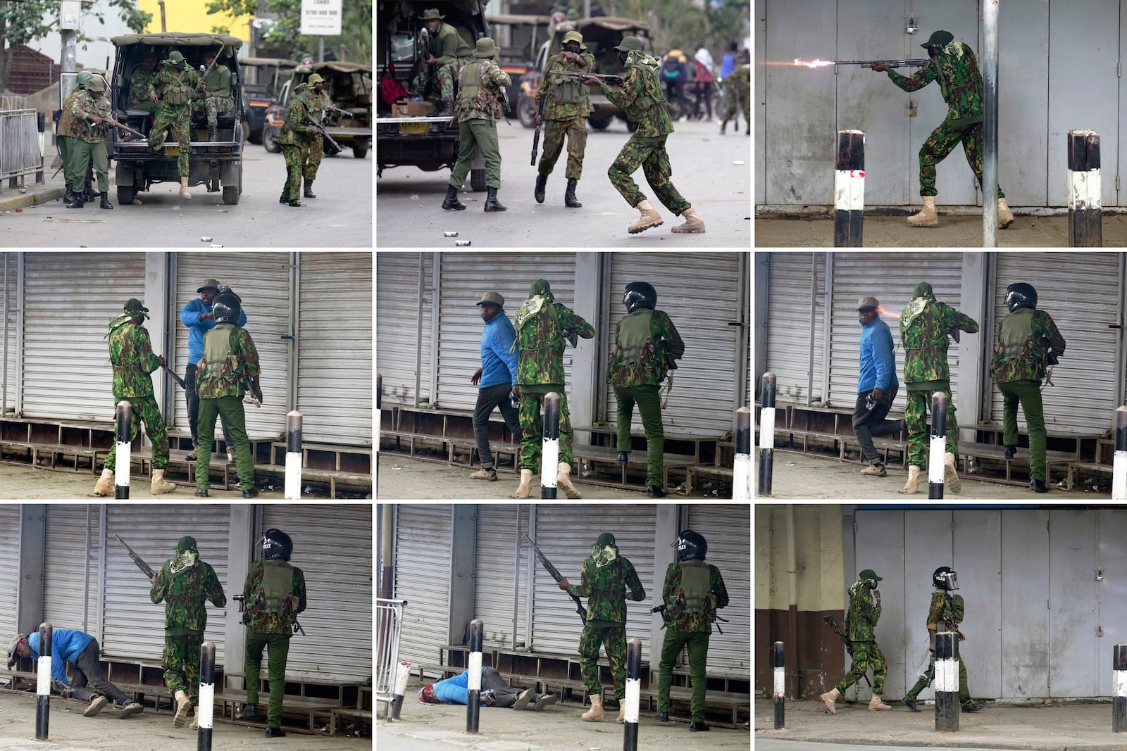 EDS NOTE: GRAPHIC CONTENT - This photo combination shows the sequence of events leading to a Kenyan police officer shooting an apparently unarmed civilian in the head at close range, Tuesday, June 17, 2025, in Nairobi, Kenya. (AP Photo/Brian Inganga)