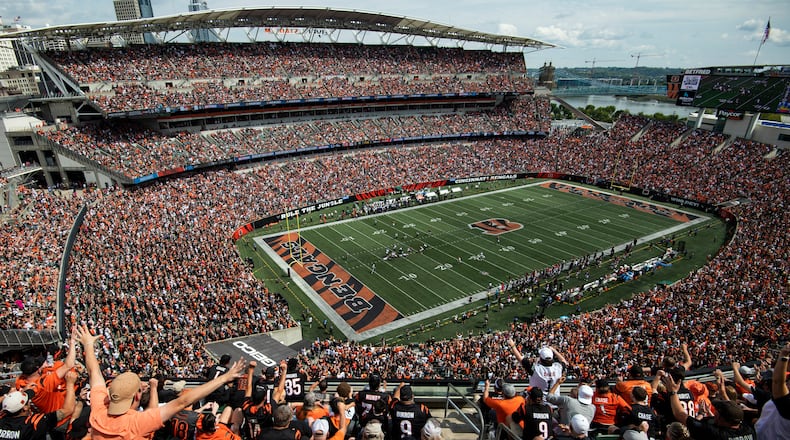 FILE -A general view of Paycor Stadium during an NFL football game between the Cincinnati Bengals and Baltimore Ravens on Sunday, Sept. 17, 2023, in Cincinnati. The Cincinnati Bengals plan to spend up to $120 million for upgrades to Paycor Stadium as part of showcasing the team's “support and commitment to a successful future in Cincinnati.” The construction, which will run through 2026, is a “necessary part of a long-standing plan to keep a successful team in Cincinnati and keep the Bengals competitive across the NFL,” the team said in a statement Tuesday, May 21, 2024. (AP Photo/Emilee Chinn, File)