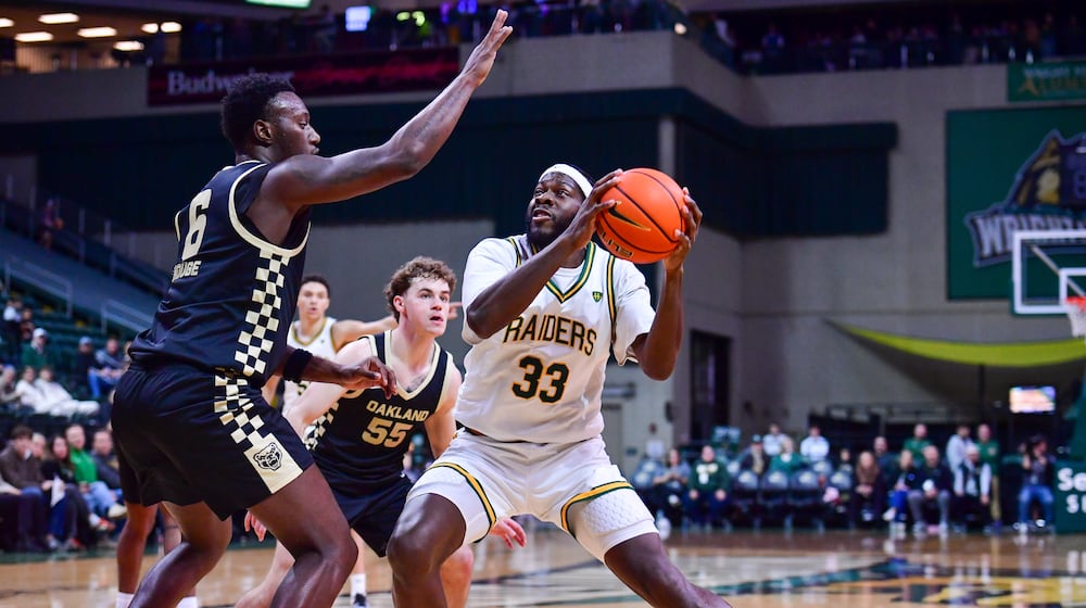 Wright State University's Michael Imariagbe makes a move to the basket during their game against Oakland on Monday, Dec. 29 at Wright State's Nutter Center. JOSEPH R. CRAVEN / CONTRIBUTED PHOTO