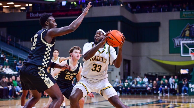 Wright State University's Michael Imariagbe makes a move to the basket during their game against Oakland on Monday, Dec. 29 at Wright State's Nutter Center. JOSEPH R. CRAVEN / CONTRIBUTED PHOTO