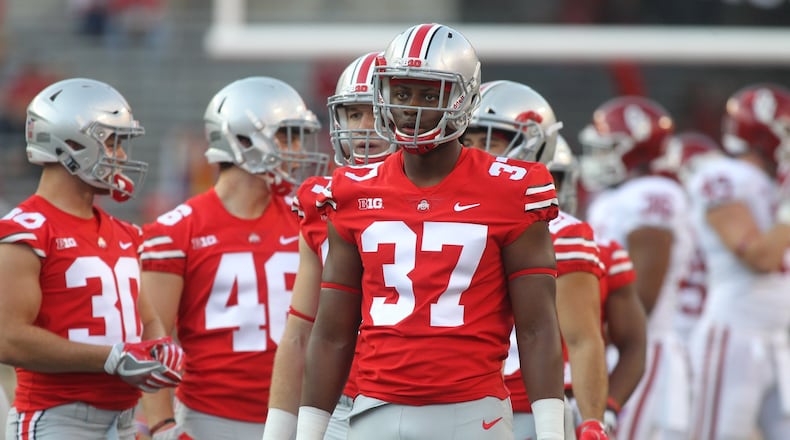 Ohio State’s Derrick Malone, a Thurgood Marshall graduate, warms up before a game against Oklahoma on Saturday, Sept. 9, 2017, at Ohio Stadium in Columbus. David Jablonski/Staff