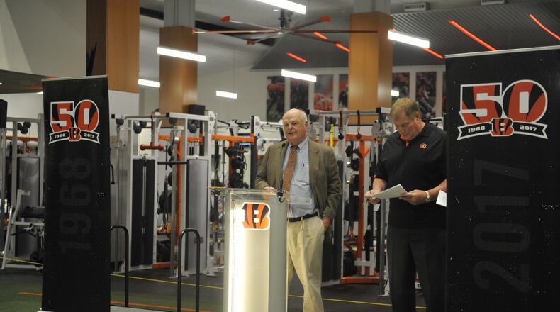 Cincinnati Bengals owner and president Mike Brown talks about the plans for the team to celebrate it’s 50th season at a press conference Thursday at Paul Brown Stadium. JAY MORRISON/STAFF