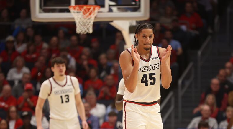 Dayton's Zimi Nwokeji reacts to a defensive stop against Grambling State on Saturday, Dec. 2, 2023, at UD Arena. David Jablonski/Staff