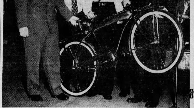 The one-millionth bicycle manufactured by Huffman Manufacturing rolled off the assembly line on May 13, 1947. It had a chrome frame plated with 14-karat gold. DAYTON HEARLD ARCHIVES 1947