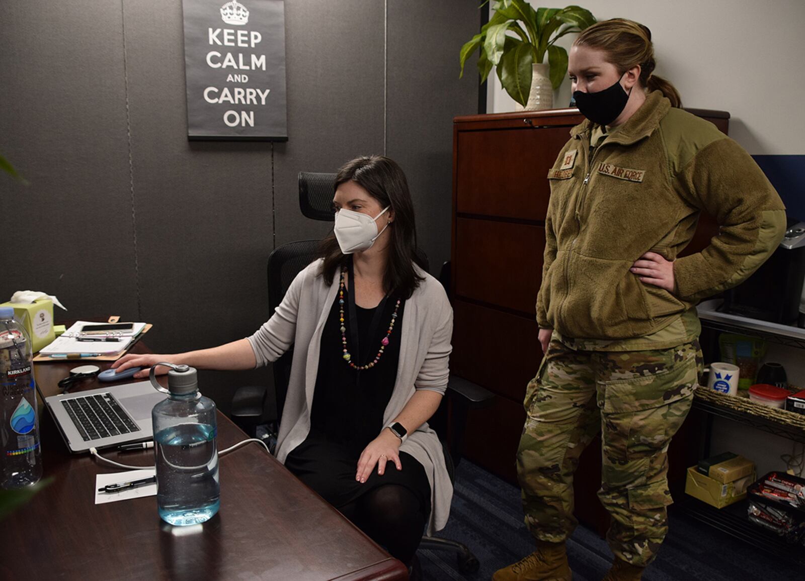 Carolyn Stoermer, writing and communications specialist in the Air Force Institute of Technology’s Center for Innovation in Education, meets with future master’s student Capt. Vivian Hedberg. Stoermer provides guidance on all types of writing projects the students encounter during their time at AFIT. U.S. AIR FORCE PHOTO/KATIE SCOTT