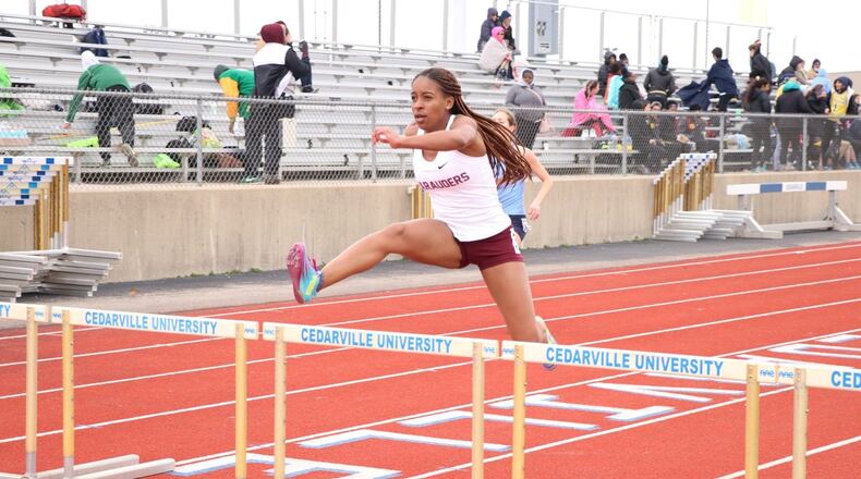 Central State junior Iesha Lockhart, who is from Nassau, Bahamas, competes in the 400 meter hurdles in a meet at Cedarville this spring. CONTRIBUTED