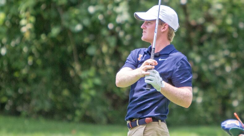 Metropolitan Championship leader Tyler Goecke watches his second shot on No. 16 Saturday during the third round at Miami Valley Golf Club. Jeff Gilbert/CONTRIBUTED
