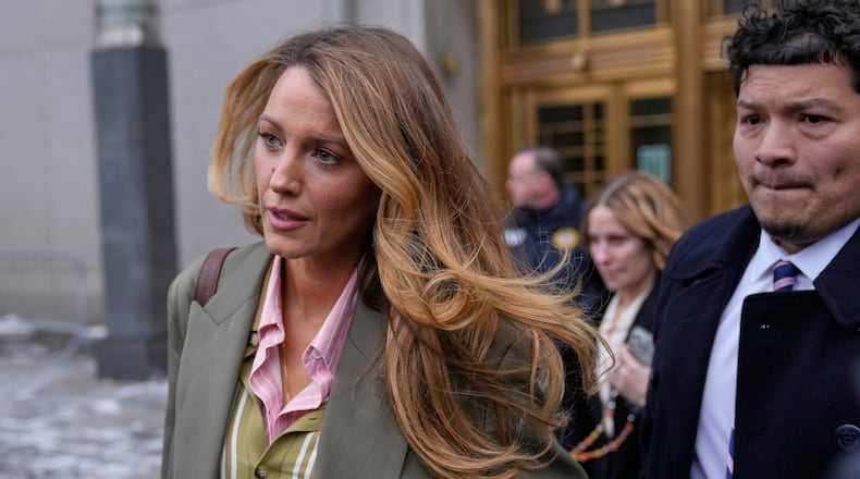 Blake Lively leaves a courthouse in New York, Wednesday, Feb. 11, 2026, who came to the courthouse to see if her lawsuit alleging sexual harassment on the set of the 2024 romantic drama “It Ends With Us” could be settled before a May trial. (AP Photo/Seth Wenig)