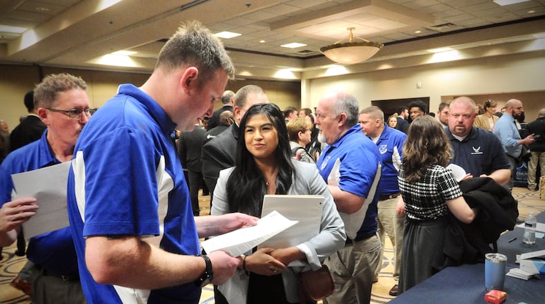 Jobseekers fill the Holiday Inn in Fairborn on Wednesday, March 22, 2023, for the one-day Air Force Life Cycle Management Center hiring event. AFLCMC is based at Wright-Patterson Air Force Base, home to some 35,000 military and civilian employees. MARSHALL GORBY \STAFF