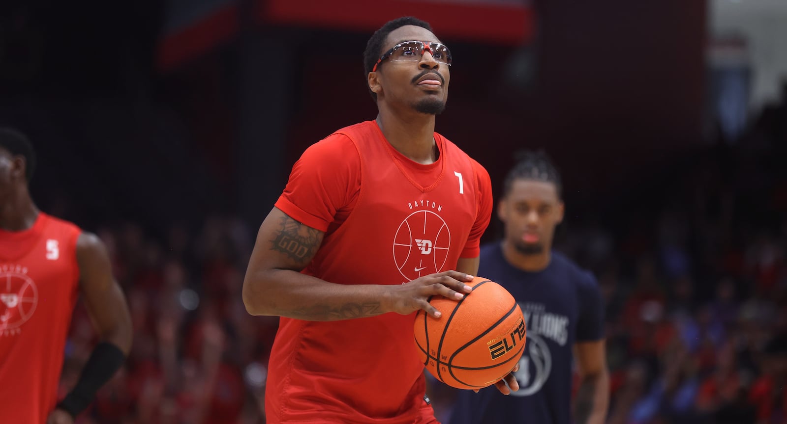 Dayton's Keonte Jones shoots a free throw against Penn State in an exhibition game on Sunday, Oct. 19, 2025, at UD Arena. David Jablonski/Staff