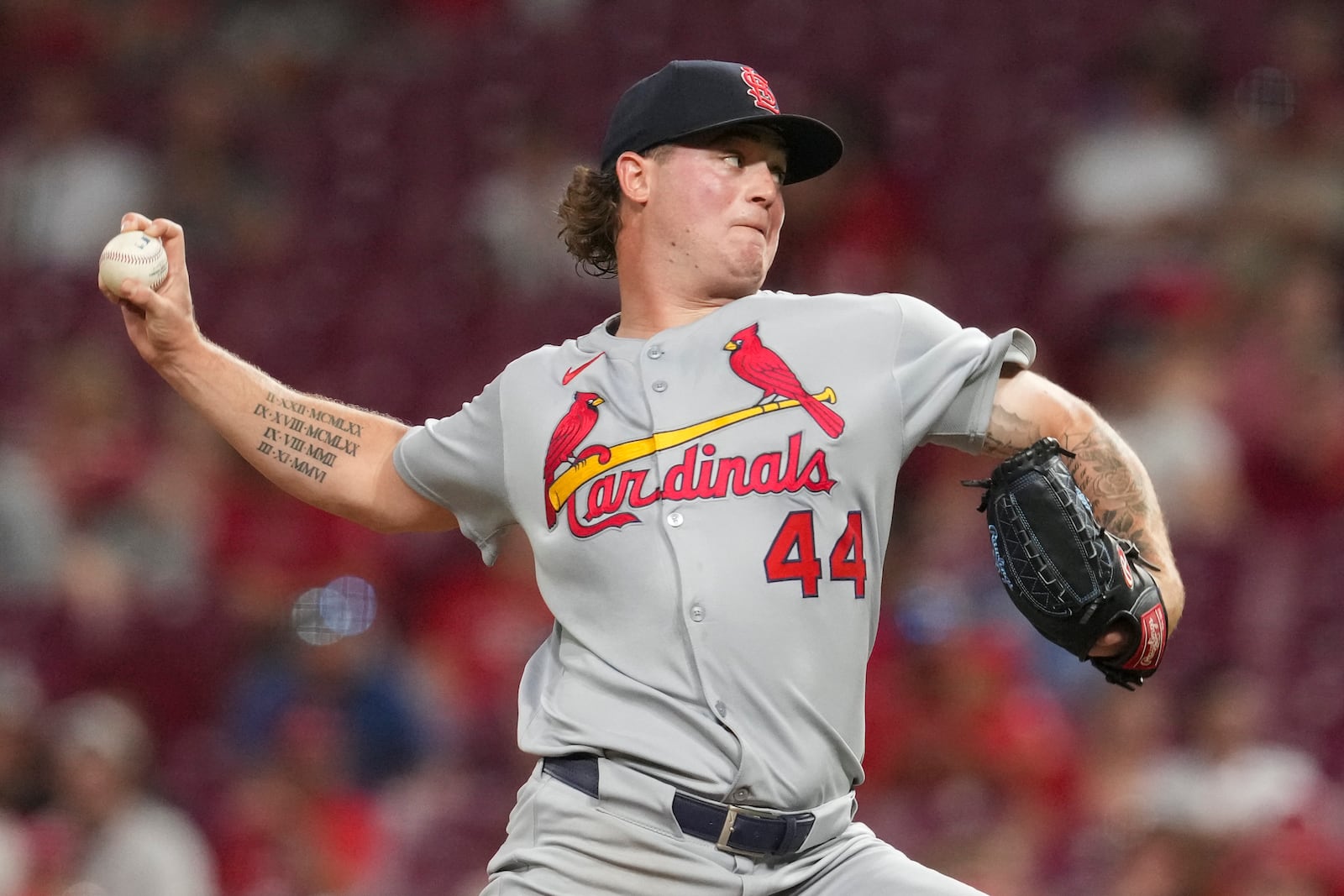 St. Louis Cardinals pitcher Gordon Graceffo throws during the ninth inning of the second baseball game of a doubleheader against the Cincinnati Reds, Wednesday, April 30, 2025, in Cincinnati. (AP Photo/Jeff Dean)