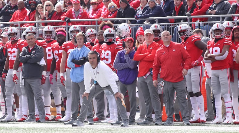 Ohio State’s Urban Meyer watches from the sideline during a game against Minnesota on Saturday, Oct. 13, 2018, at Ohio Stadium in Columbus. David Jablonski/Staff