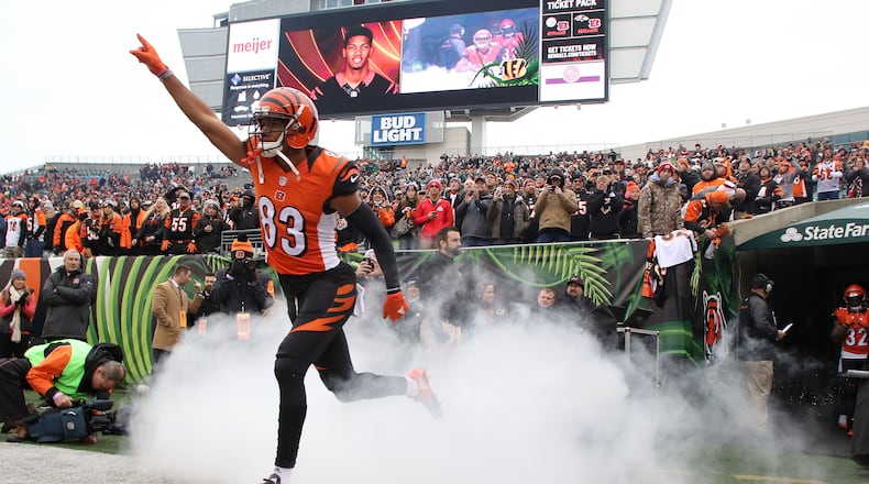 CINCINNATI, OH - DECEMBER 4: Tyler Boyd #83 of the Cincinnati Bengals runs on to the field while being introduced to the crowd prior to the start of the game against the Philadelphia Eagles at Paul Brown Stadium on December 4, 2016 in Cincinnati, Ohio. (Photo by John Grieshop/Getty Images)