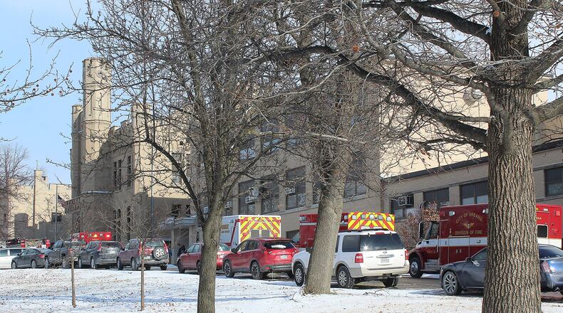 Medic units line up in front of Urbana High School after the report of a gas leak at the school Friday morning. JEFF GUERINI/STAFF