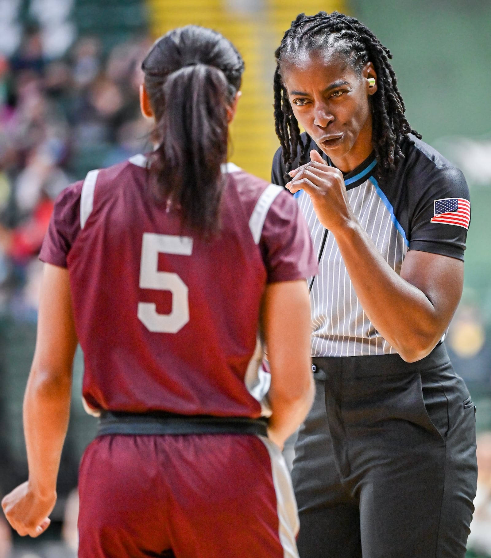 Referee Linda Miles talks to Bellarmine guard Ashlee Harris during a nonconference game against Wright State on Nov. 19 at Ervin J. Nutter Center. BRYANT BILLING/STAFF