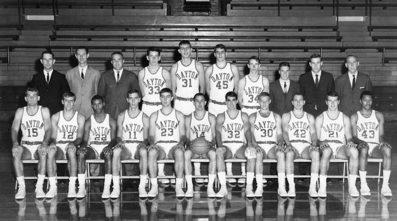 The 1967 University of Dayton basketball team. First Row, From Left: John Rohm, Rich Fox, Rudy Waterman, John Samanich, Gene Klaus, Dennis Papp, Dave Inderrieden, Bob Hooper, Don May, Glinder Torain.
Second Row, From Left: Don Donoher, Head Coach ; Chuck Grigsby and Chuck Izor, Assistant Coaches; Dan Sadlier, Dan Obrovac, Ned Sharpenter, Tom Heckman, Managers Joe Emmerick and Dave Borchers, Tom Frericks, Athletic Director.