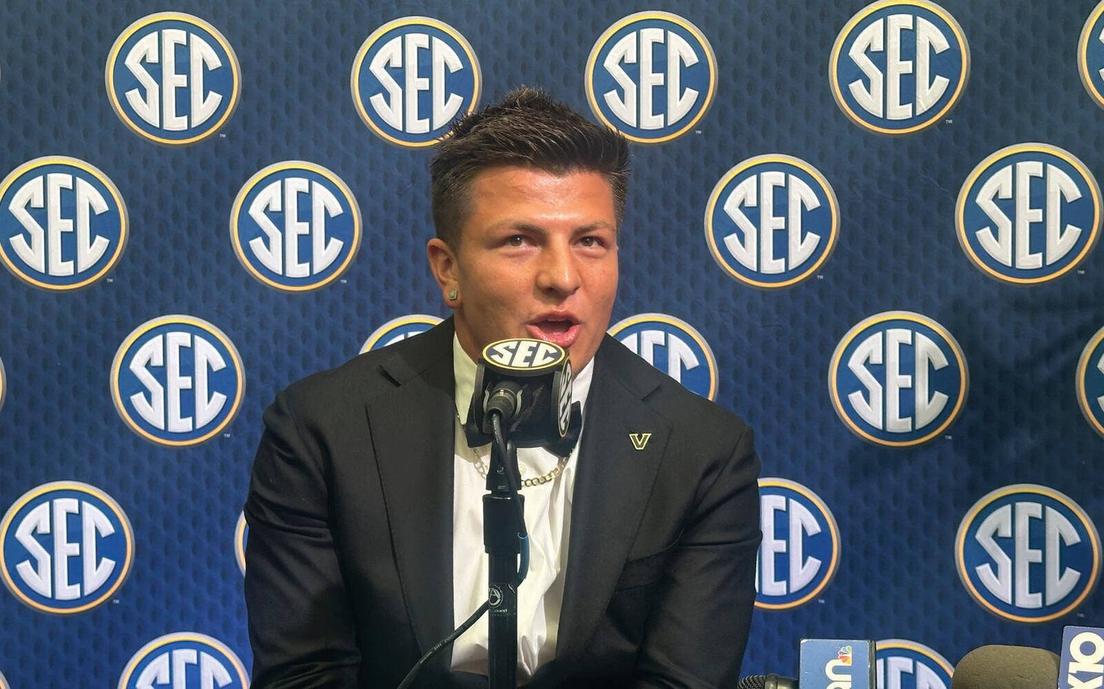 Vanderbilt Quarterback Diego Pavia discusses upcoming football season during the SEC Media Day, Monday, Jul. 14, 2025 at the College Football Hall of Fame in Atlanta. (Hunter Dawkins/The Gazebo Gazette via AP)