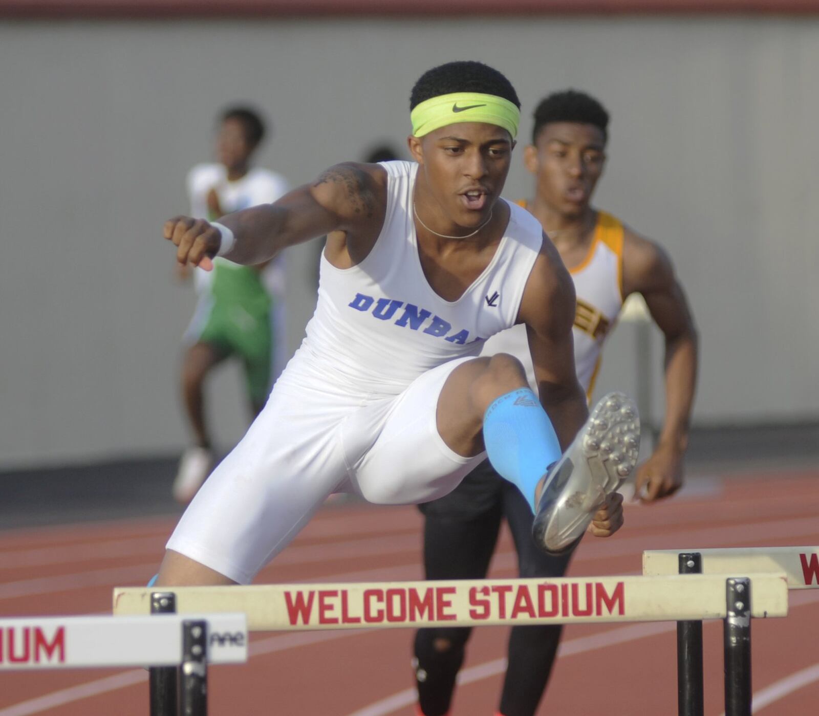 Dunbar sophomore Zamir Youngblood posted the fastest finals qualifying time of 41.05 in the 300 hurdles during the Division II district track and field meet at Dayton’s Welcome Stadium on Thursday, May 18, 2017. MARC PENDLETON / STAFF