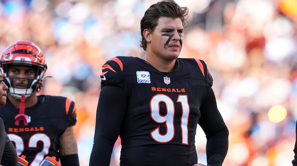 FILE - Cincinnati Bengals defensive end Trey Hendrickson (91) looks on during an NFL football game against the Detroit Lions Sunday, Oct. 5, 2025, in Cincinnati. (AP Photo/Jeff Dean, File)