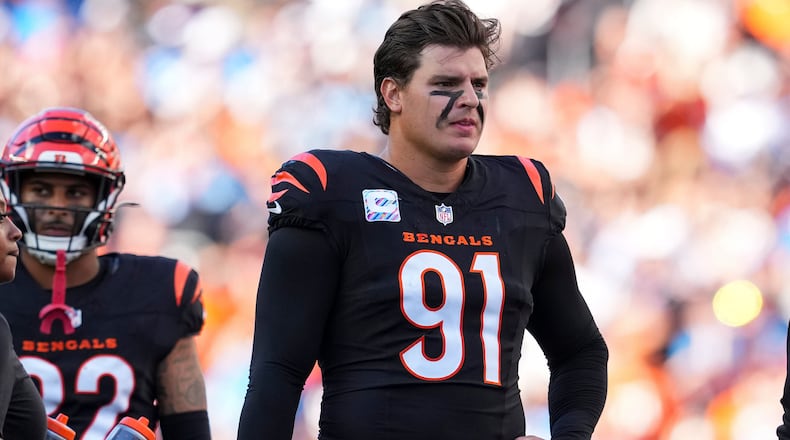 FILE - Cincinnati Bengals defensive end Trey Hendrickson (91) looks on during an NFL football game against the Detroit Lions Sunday, Oct. 5, 2025, in Cincinnati. (AP Photo/Jeff Dean, File)