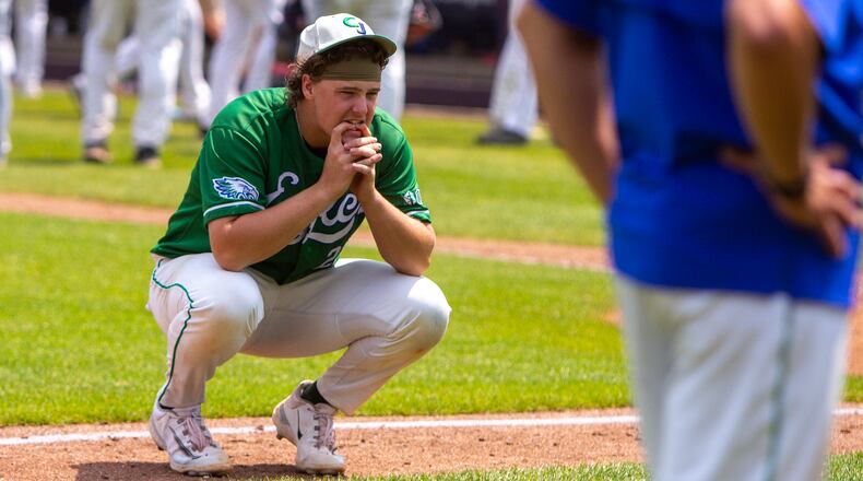 Chaminade Julienne pitcher Jackson Frasure reacts to the Eagles' 4-2 loss to Chagrin Falls Kenston in the Division II state semifinals at Canal Park in Akron. Jeff Gilbert/CONTRIBUTED