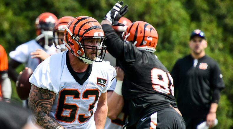 Bengals’ guard Christian Westerman (63) runs through a play during organized team activities Tuesday, May 22, 2018, at the practice facility near Paul Brown Stadium in Cincinnati. NICK GRAHAM/STAFF