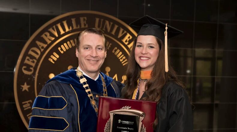 Rebecca Lybarger awarded the President's Trophy during Cedarville University's 122nd commencement ceremony.
