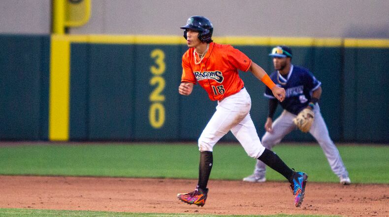 Dayton's Edwin Arroyo leads off second base during a game earlier this season at Day Air Ballpark. Jeff Gilbert/CONTRIBUTED