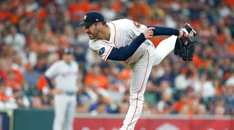 HOUSTON, TX - OCTOBER 05:  Justin Verlander #35 of the Houston Astros delivers a pitch in the first inning against the Cleveland Indians during Game One of the American League Division Series at Minute Maid Park on October 5, 2018 in Houston, Texas.  (Photo by Bob Levey/Getty Images)