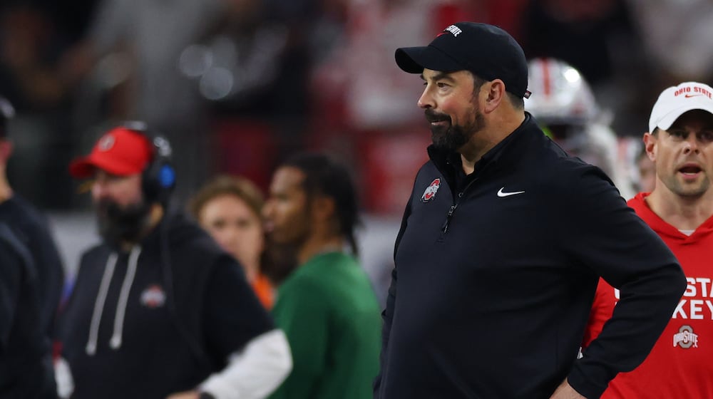 Ohio State head coach Ryan Day looks o during the first half of the Cotton Bowl College Football Playoff quarterfinal game against Miami Wednesday, Dec. 31, 2025, in Arlington, Texas. (AP Photo/Gareth Patterson)