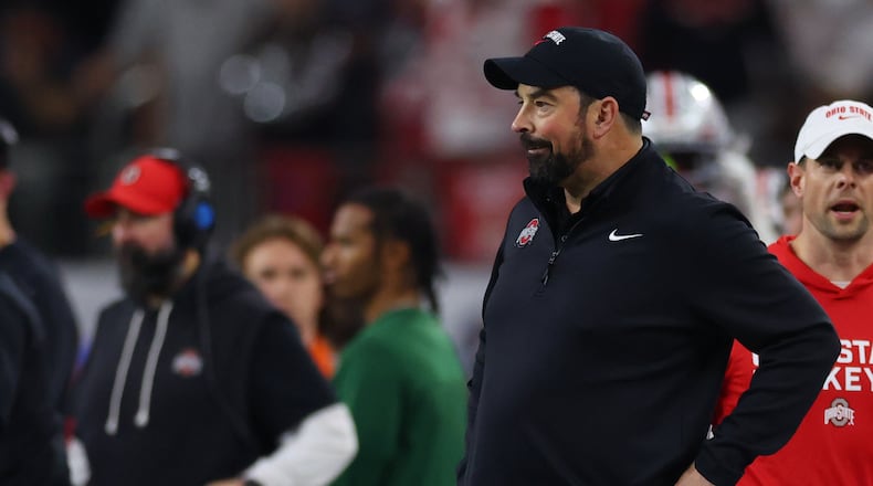 Ohio State head coach Ryan Day looks o during the first half of the Cotton Bowl College Football Playoff quarterfinal game against Miami Wednesday, Dec. 31, 2025, in Arlington, Texas. (AP Photo/Gareth Patterson)