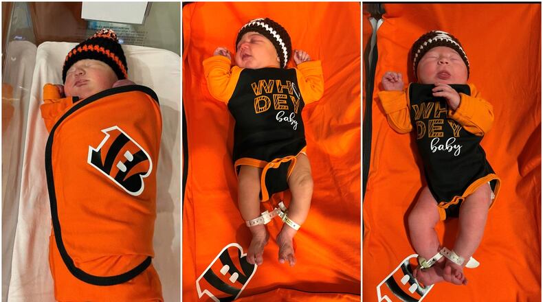 A laborer and delivery nurse at Miami Valley Hospital South (MVHS) made personalized baby clothes in honor of the Cincinnati Bengals for newborns. Credit: Miami Valley Hospital South (MVHS)