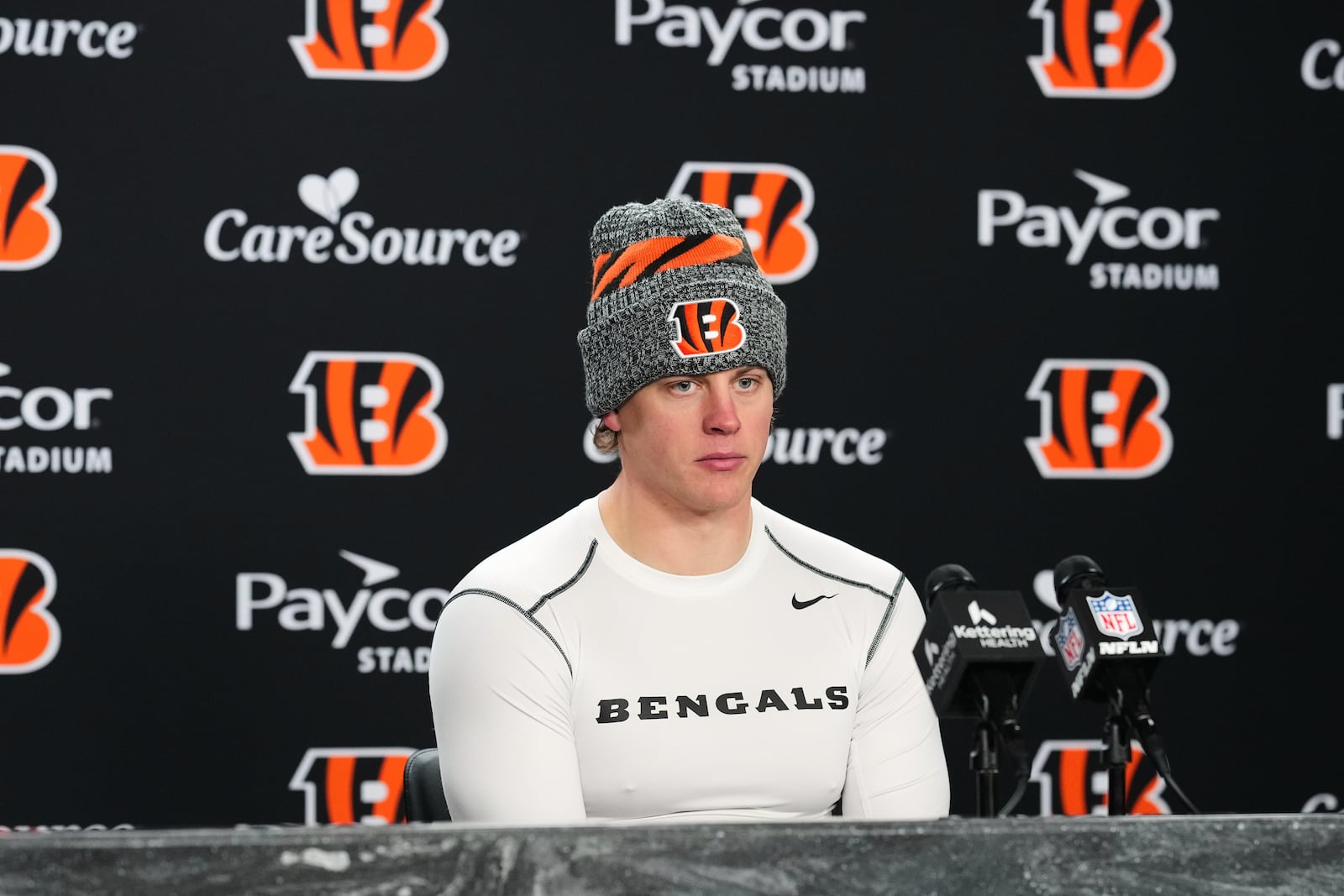 Cincinnati Bengals quarterback Joe Burrow speaks during a press conference after an NFL football game against the Baltimore Ravens, Sunday, Dec. 14, 2025, in Cincinnati. (AP Photo/Jeff Dean)