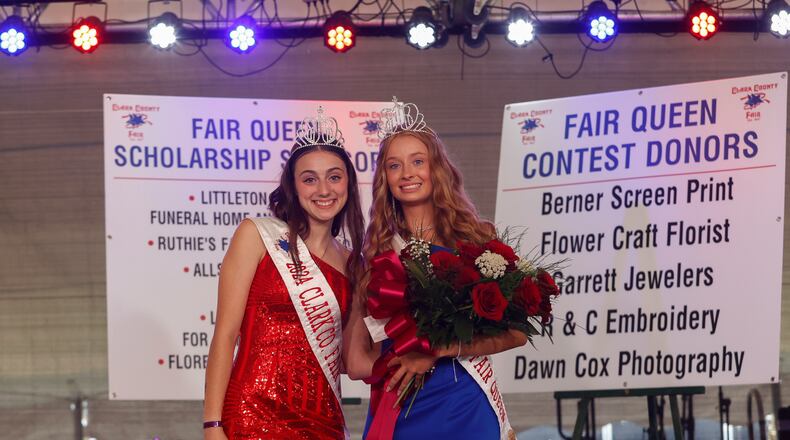 Ellen Getz, left, the 2024 County Fair Queen's Contest winner, takes a photo with Kylie Corbitt, who won first-place in the Clark County Fair Queen's Contest, on Friday, July 18, 2025, at the Clark County Fairgrounds. JOSEPH COOKE/STAFF