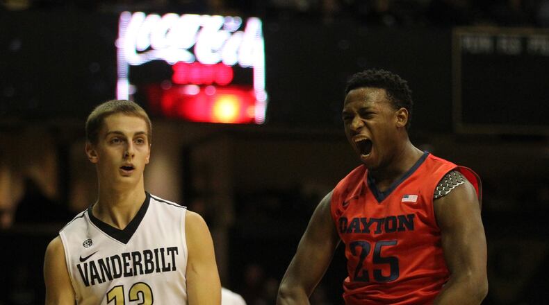 Dayton's Kendall Pollard celebrates after a basket against Vanderbilt on Wednesday, Dec. 9, 2015, at Memorial Gymnasium in Nashville, Tenn. David Jablonski/Staff