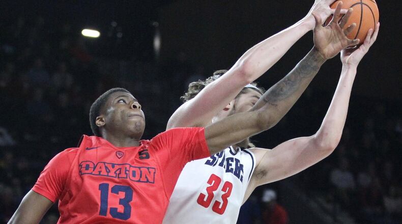 Dayton’s Kostas Antetokounmpo fights for a rebound with Richmond’s Grant Golden on Tuesday, Jan. 9, 2018, at the Robins Center in Richmond, Va. David Jablonski/Staff