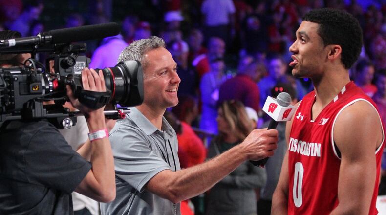 Wisconsin’s D’Mitrik Trice does an interview after a victory against Oklahoma on Thursday, Nov. 22, 2018, in the semifinals of the Battle 4 Atlantis at Imperial Gym on Paradise Island, Bahamas. David Jablonski/Staff