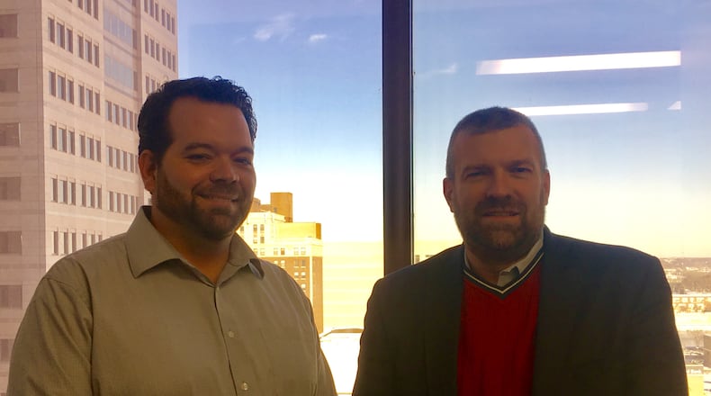 Jason Terry, founder of GreenSpace, and Accelerant’s Roger Edwards worked together to secure funding for the Dayton-based startup. KARA DRISCOLL/STAFF