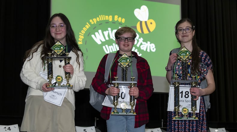 The winners of the 2025 Wright State University Regional Spelling Bee, left to right: (l-r)
3rd place - Katherine Harsch, Saint Luke School, 2nd place - Matthew Corner, Ridgewood School and 1st place - Aurora Spisak, Hadley E. Watts Middle School. Courtesy of Wright State University
