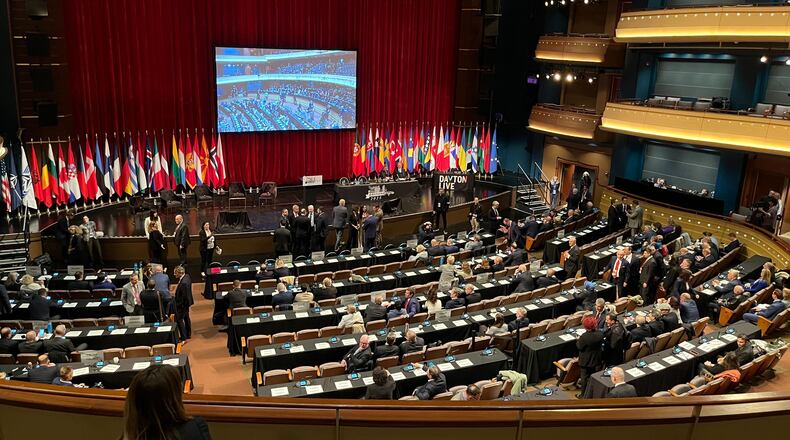 Delegates begin to gather for the Opening Ceremony of the NATO Parliamentary Assembly held at the Winsupply Theater at the Schuster Center in Dayton, Friday, May 23, 2025. THOMAS GNAU/STAFF