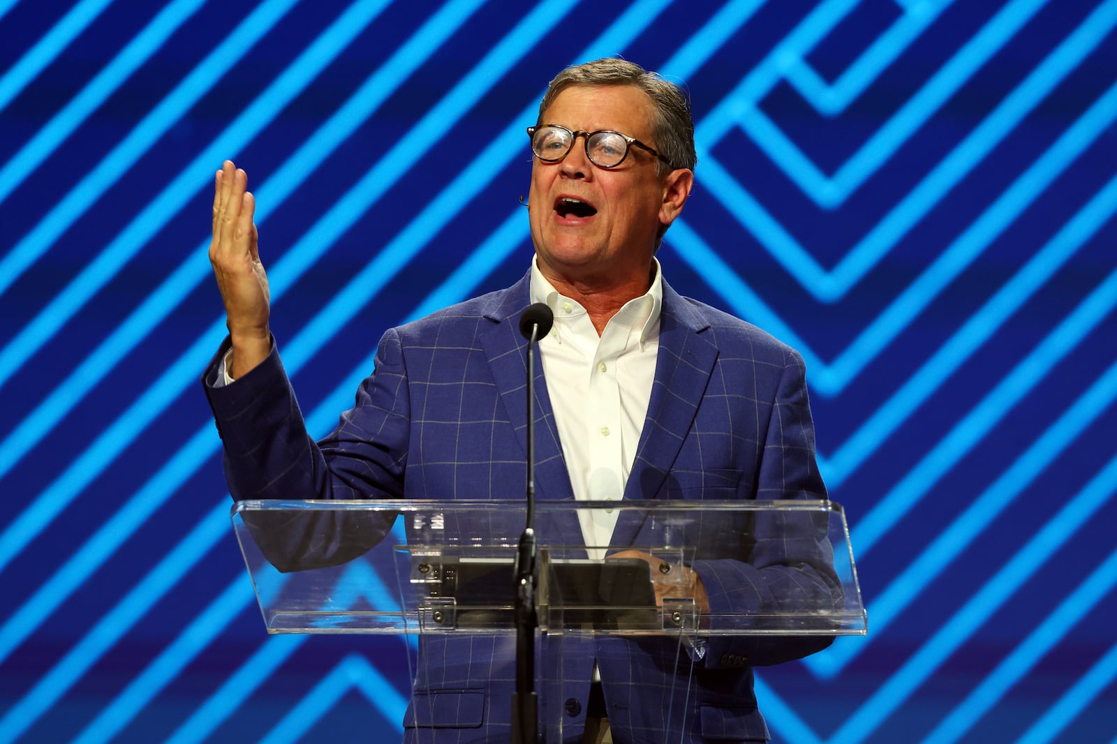 Kevin Ezell, president of the North American Mission Board, speaks during the 2025 Southern Baptist Convention Annual Meeting, Tuesday, June 10, 2025, in Dallas. (AP Photo/Richard W. Rodriguez)