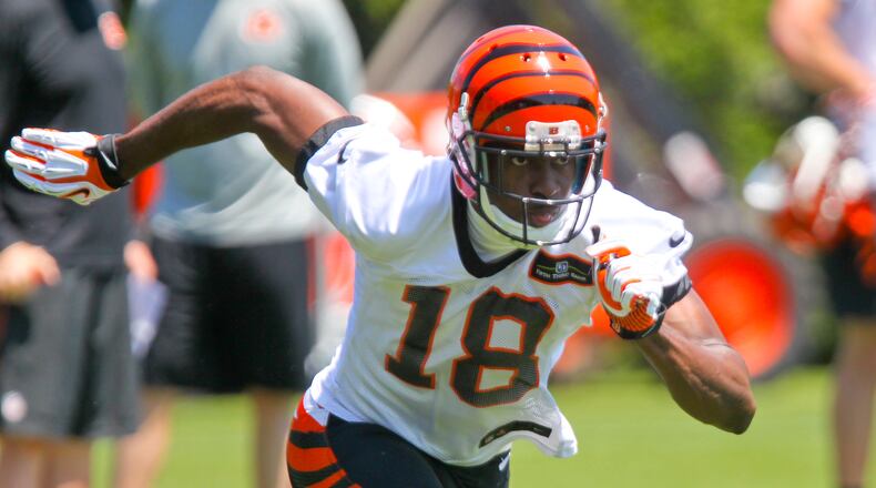 Bengals wide receiver A.J. Green (18) runs a route during the first OTA practice of the year, Tuesday, May 24, 2016. GREG LYNCH / STAFF
