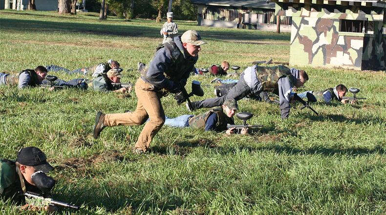 In the Quick Reaction Force station, cadets practice suppressing the enemy with simulated cover fire while advancing through terrain during a recent visit to Wright Patterson Air Force Base’s Warfighter Training Center. (Contributed photo/Jay Trainer)