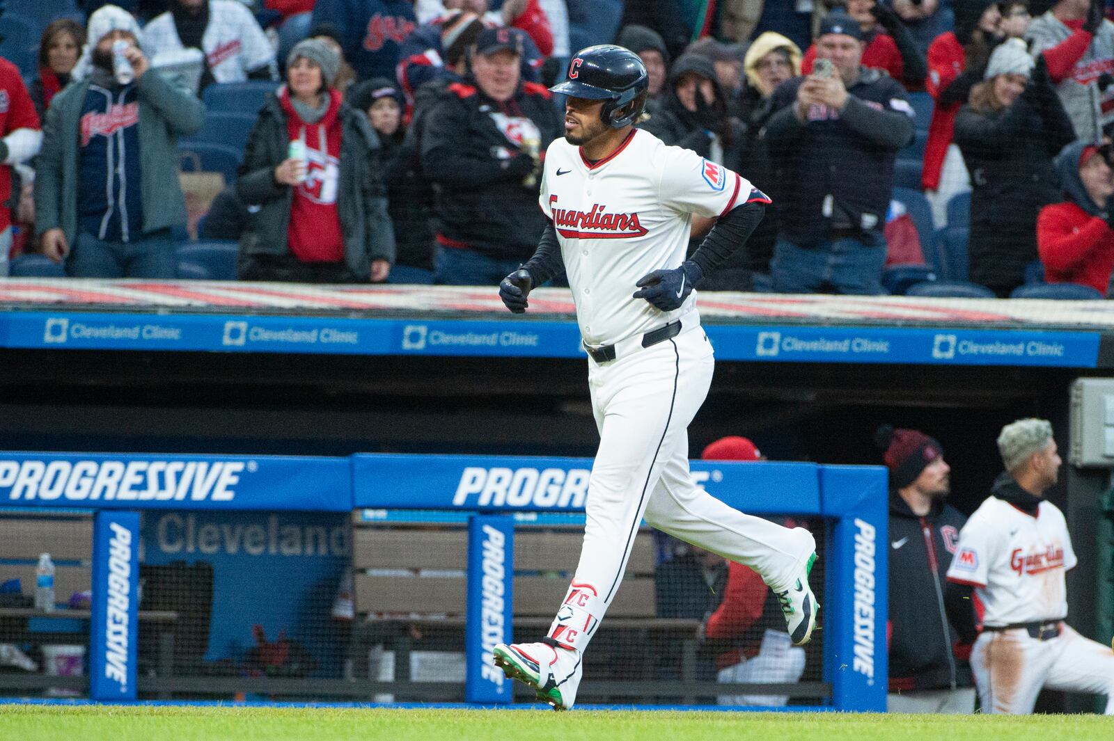 Cleveland Guardians' Gabriel Arias heads to home plate after hitting a solo home run off Kansas City Royals starting pitcher Michael Lorenzen during the sixth inning of a baseball game in Cleveland, Saturday, April 12, 2025. (AP Photo/Phil Long)
