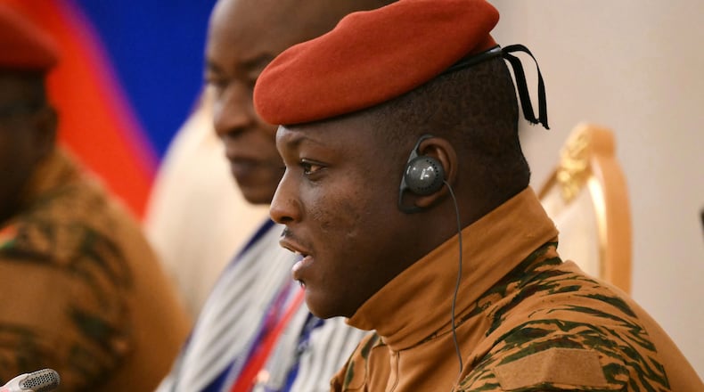FILE - Burkina Faso President Ibrahim Traore speaks at the Kremlin in Moscow, Russia, on May 10, 2025. (Angelos Tzortzinis/Pool Photo via AP, File)