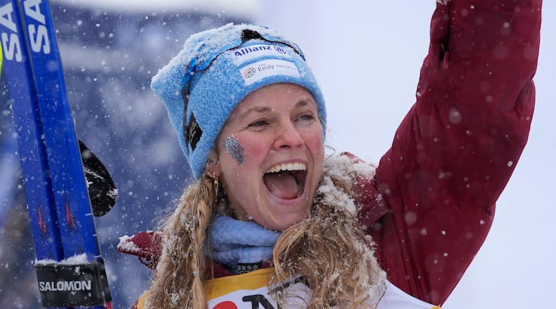 United States' Jessie Diggins reacts after the women's World Cup Finals Interval Start 10 km Classic cross country skiing race Friday, March 20, 2026, in Lake Placid, N.Y. (AP Photo/Robert F. Bukaty)