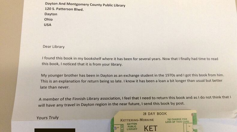 A member of the Finnish Library Association returned a book his or her brother check out from the Kettering Moraine branch of the Dayton Metro Library in October 1976.