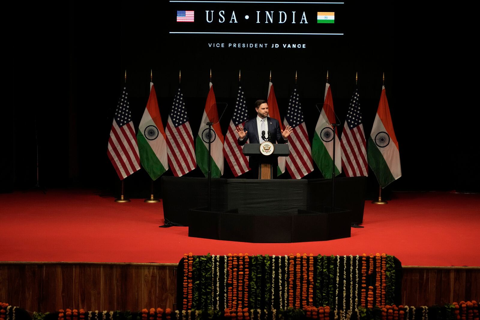 U.S. Vice President JD Vance speaks at the Rajasthan International Center in Jaipur, India, Tuesday, April 22, 2025. (AP Photo/Manish Swarup)